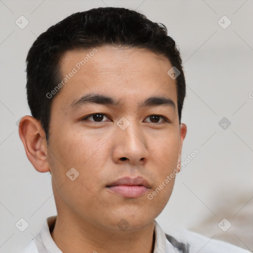 Neutral asian young-adult male with short  brown hair and brown eyes