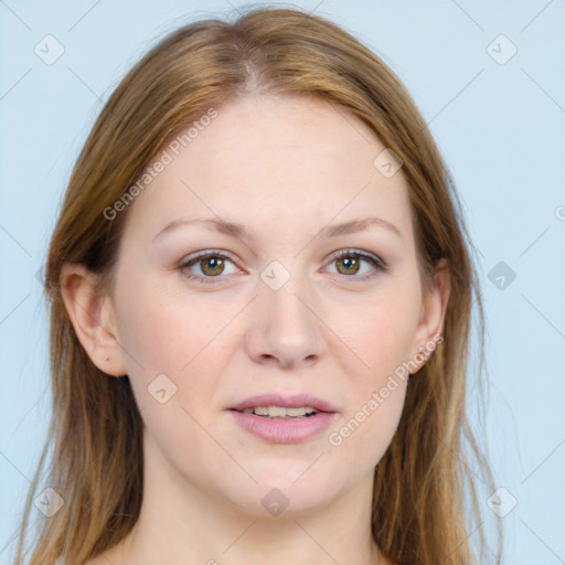 Joyful white young-adult female with long  brown hair and blue eyes