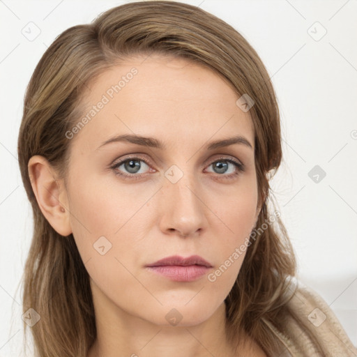 Neutral white young-adult female with long  brown hair and grey eyes