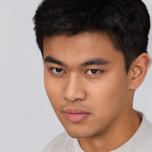 Neutral asian young-adult male with short  brown hair and brown eyes