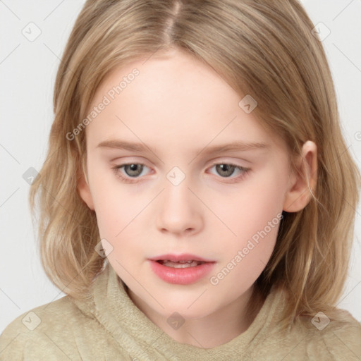 Neutral white child female with medium  brown hair and grey eyes