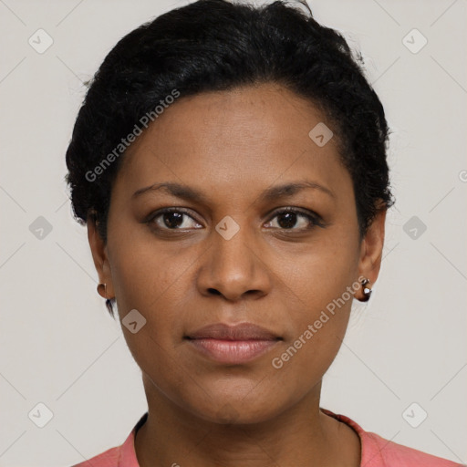 Neutral latino young-adult female with short  black hair and brown eyes