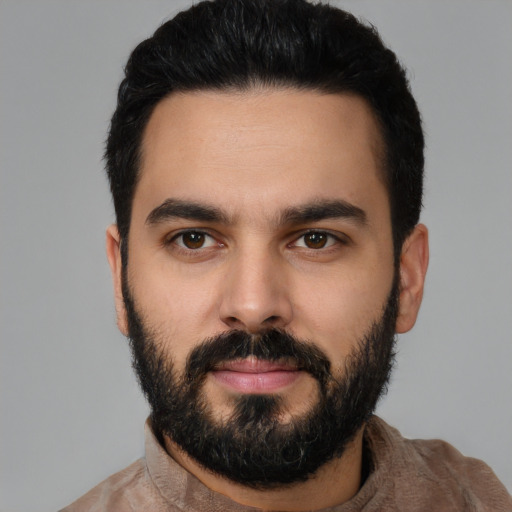 Neutral latino young-adult male with short  black hair and brown eyes