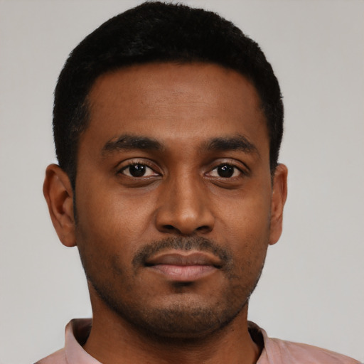 Neutral black young-adult male with short  black hair and brown eyes