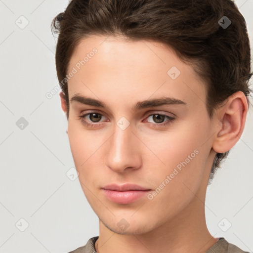 Neutral white young-adult male with short  brown hair and brown eyes