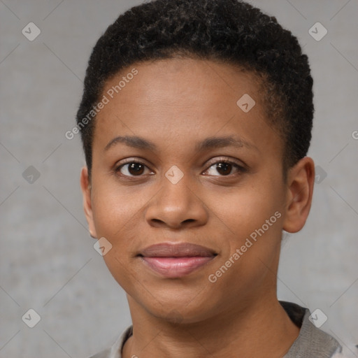 Joyful black young-adult female with short  brown hair and brown eyes