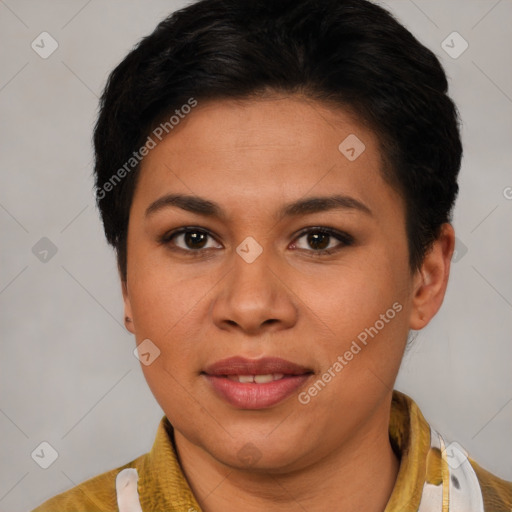 Joyful latino young-adult female with short  brown hair and brown eyes