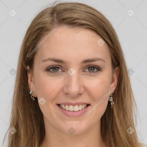 Joyful white young-adult female with long  brown hair and grey eyes