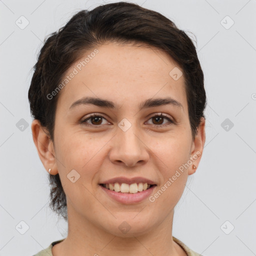 Joyful white young-adult female with short  brown hair and brown eyes