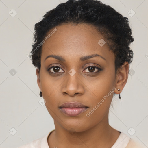 Neutral black young-adult female with short  black hair and brown eyes