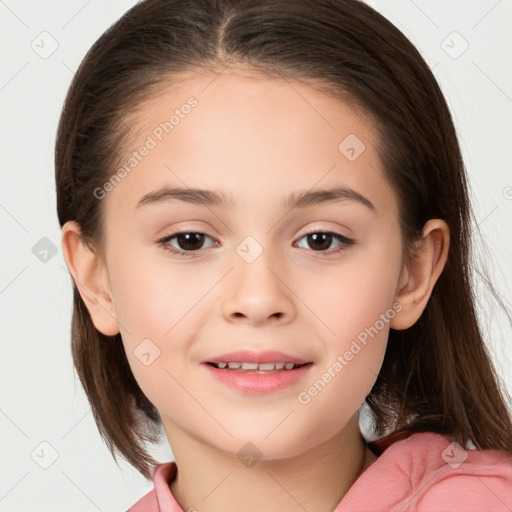 Joyful white child female with medium  brown hair and brown eyes