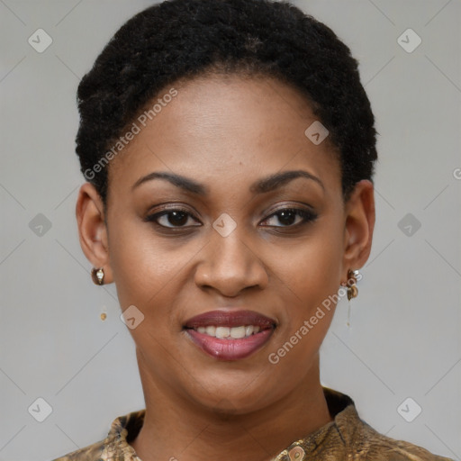 Joyful black young-adult female with short  brown hair and brown eyes