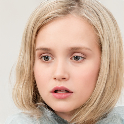 Neutral white child female with medium  brown hair and blue eyes