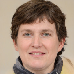 Joyful white adult male with medium  brown hair and grey eyes