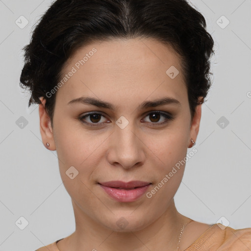 Joyful white young-adult female with short  brown hair and brown eyes