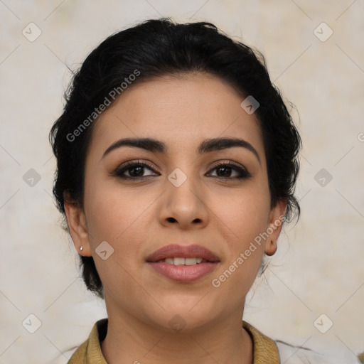 Joyful asian young-adult female with medium  black hair and brown eyes