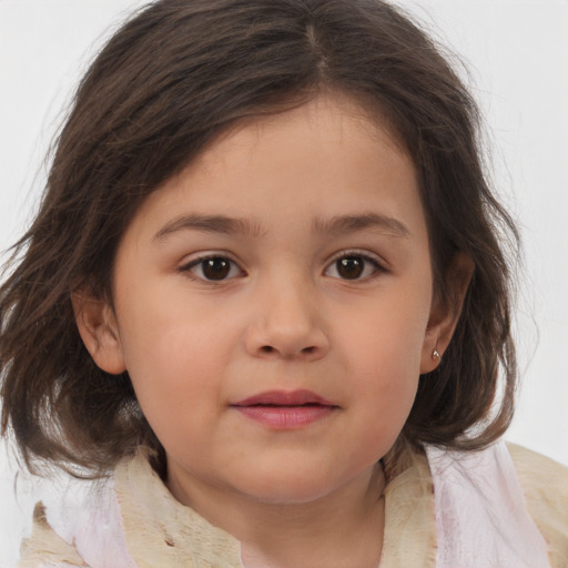 Joyful white child female with medium  brown hair and brown eyes