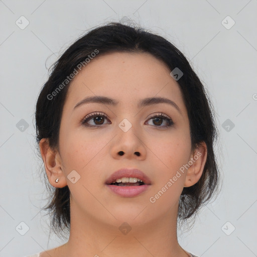 Neutral asian young-adult female with medium  brown hair and brown eyes