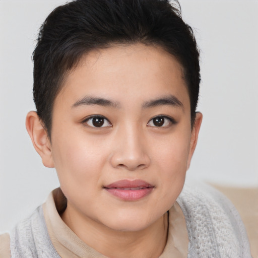 Joyful asian young-adult female with short  brown hair and brown eyes