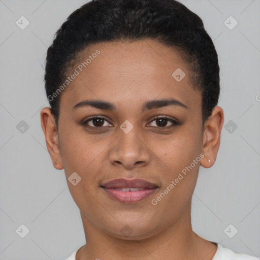 Joyful latino young-adult female with short  brown hair and brown eyes