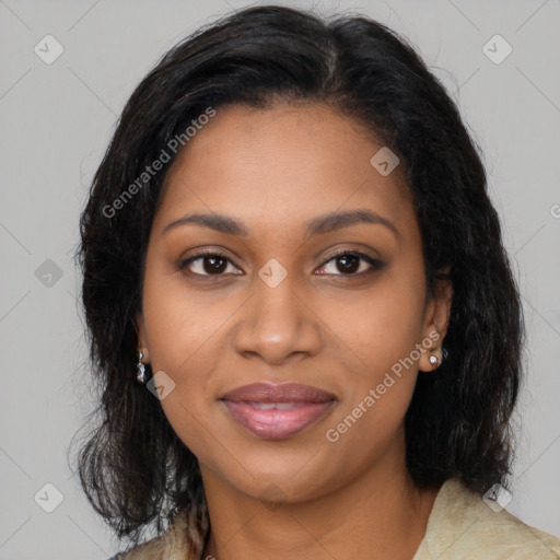 Joyful black young-adult female with medium  brown hair and brown eyes