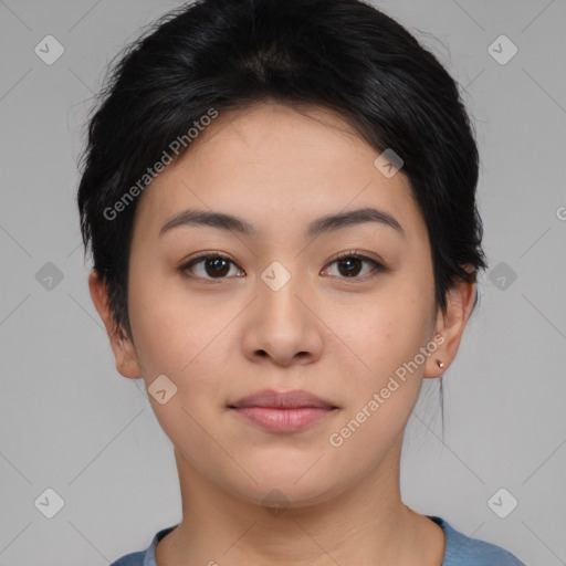 Neutral asian young-adult female with short  brown hair and brown eyes