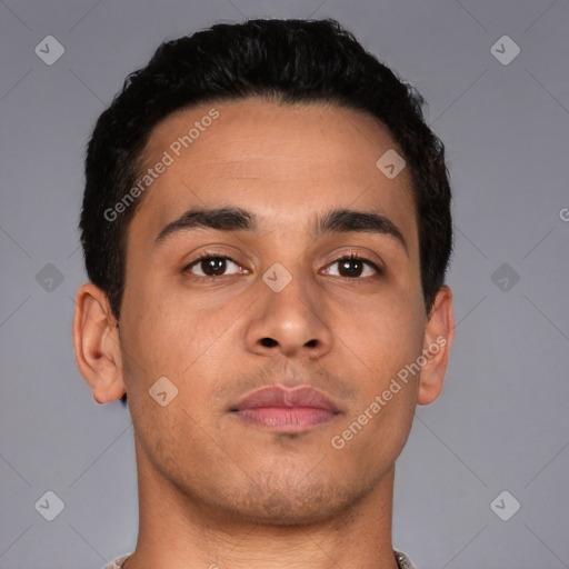 Neutral latino young-adult male with short  brown hair and brown eyes