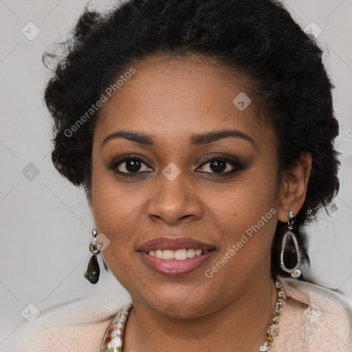 Joyful black young-adult female with long  brown hair and brown eyes