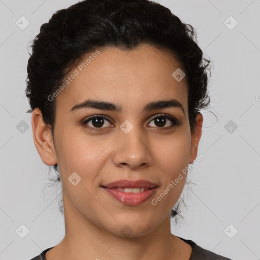 Joyful latino young-adult female with short  brown hair and brown eyes