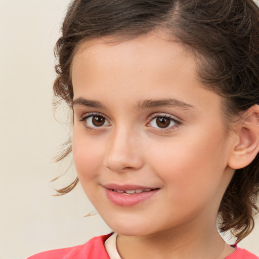 Joyful white child female with medium  brown hair and brown eyes