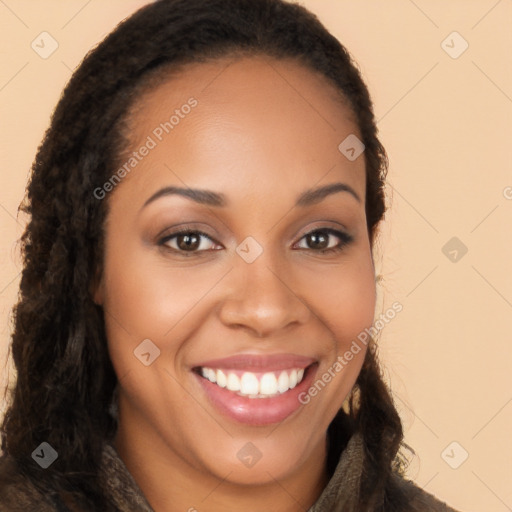 Joyful latino young-adult female with long  brown hair and brown eyes