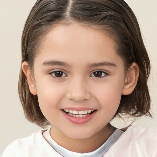 Joyful white child female with medium  brown hair and brown eyes