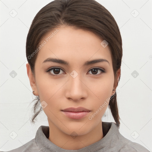 Neutral white young-adult female with medium  brown hair and brown eyes