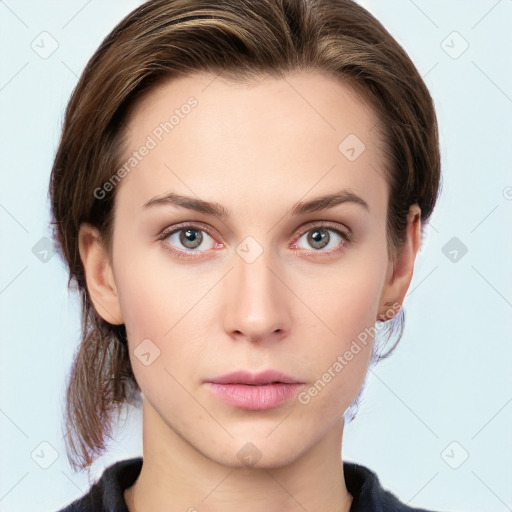 Neutral white young-adult female with medium  brown hair and grey eyes