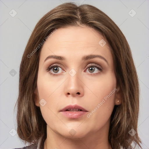 Neutral white young-adult female with medium  brown hair and brown eyes