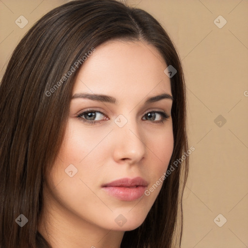 Neutral white young-adult female with long  brown hair and brown eyes