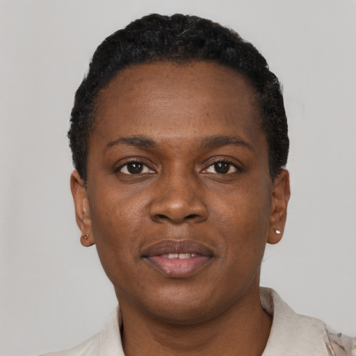 Neutral black young-adult female with short  black hair and brown eyes