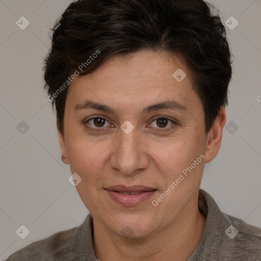 Joyful white adult female with short  brown hair and brown eyes