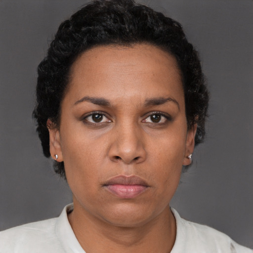Neutral black adult female with short  brown hair and brown eyes