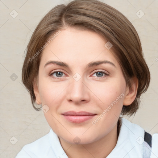 Joyful white young-adult female with medium  brown hair and green eyes