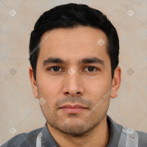 Neutral asian young-adult male with short  black hair and brown eyes