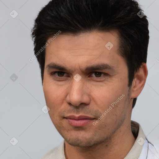 Neutral white adult male with short  brown hair and brown eyes