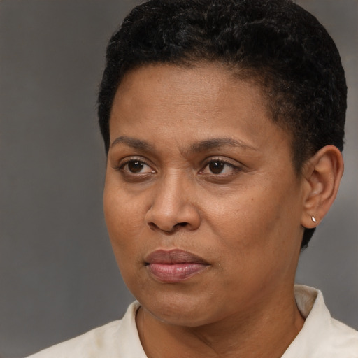 Joyful latino adult female with short  brown hair and brown eyes