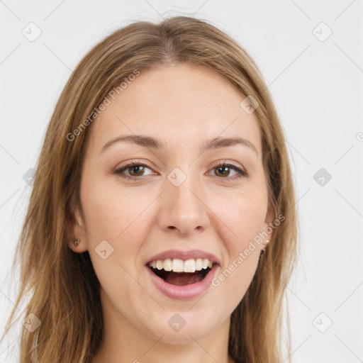 Joyful white young-adult female with long  brown hair and brown eyes