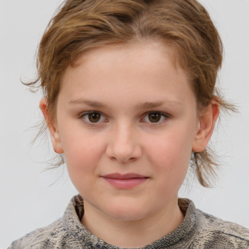 Joyful white child female with medium  brown hair and blue eyes