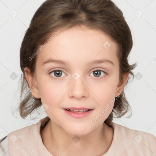 Joyful white child female with medium  brown hair and blue eyes