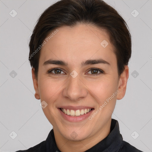 Joyful white young-adult female with short  brown hair and brown eyes