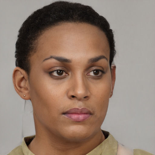 Neutral latino young-adult female with short  brown hair and brown eyes