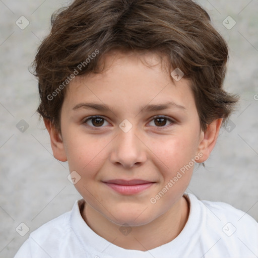 Joyful white child female with short  brown hair and brown eyes