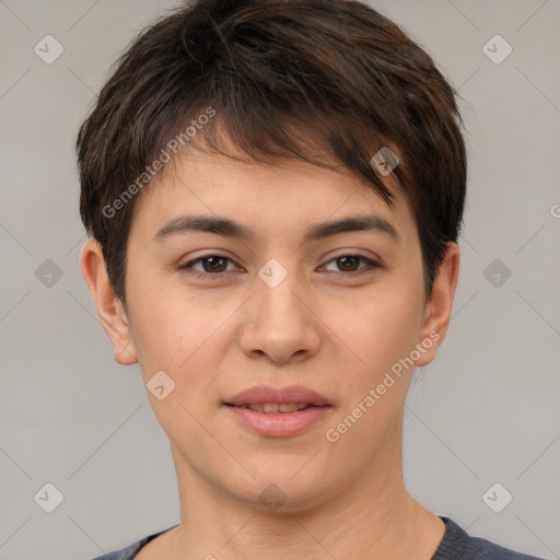 Joyful white young-adult female with short  brown hair and brown eyes